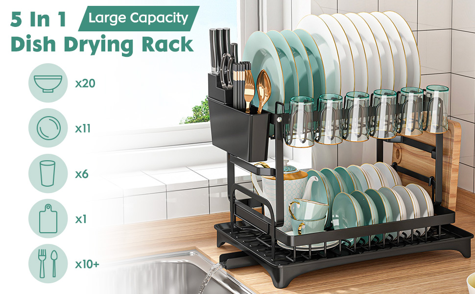 5 in 1 Dish Drying Rack, TwoTier Metal Dish Organizer with Cups Holder