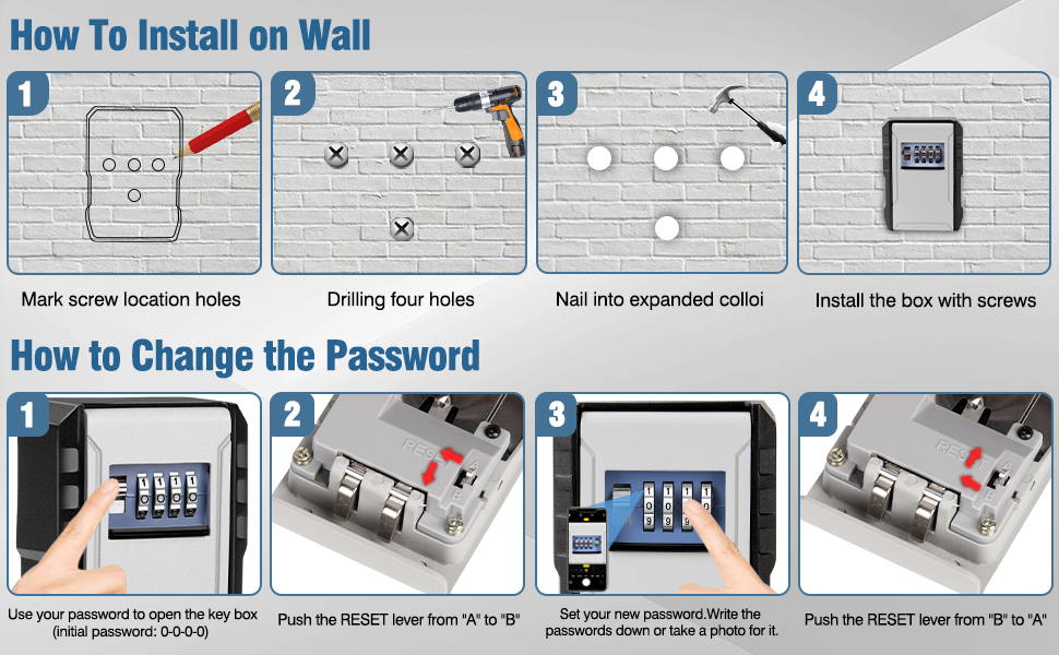 JUYANO Key Safe Wall Mounted Key Lock Box Outdoor 4 Digit Combination Top Security Key Box