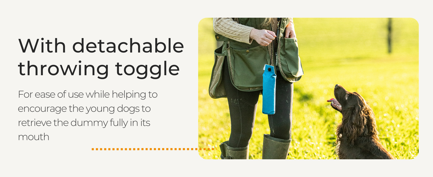 Dog & Field Puppy Training Dummies - Blue. 100g... 23 Text reads 'Mimicking the size and weight of an actual game bird, it helps train dogs to retrieve in a safe and realistic manner'. Dog training demonstration with orange dummy.