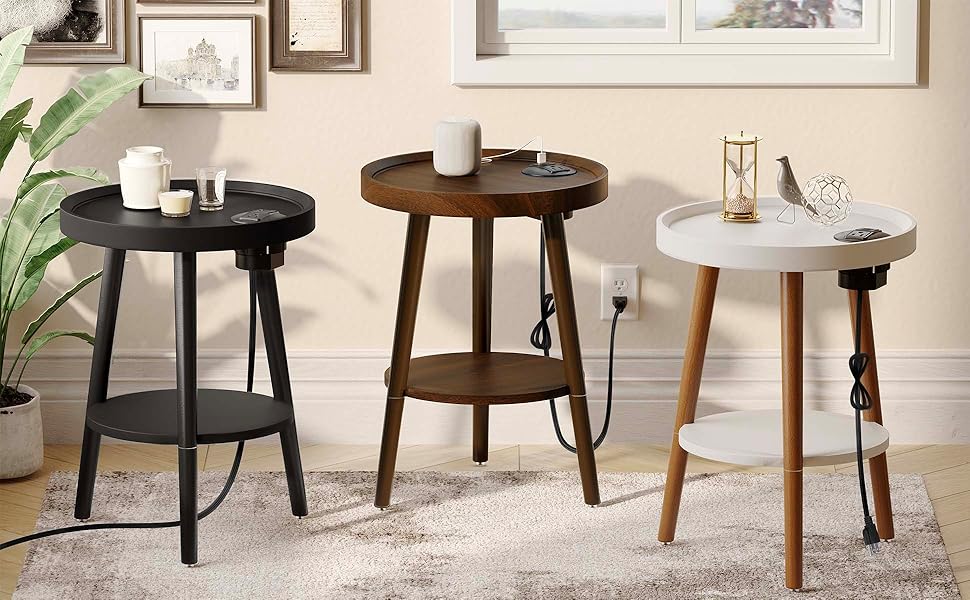 Greenstell End Table with Charging Station, Round Side