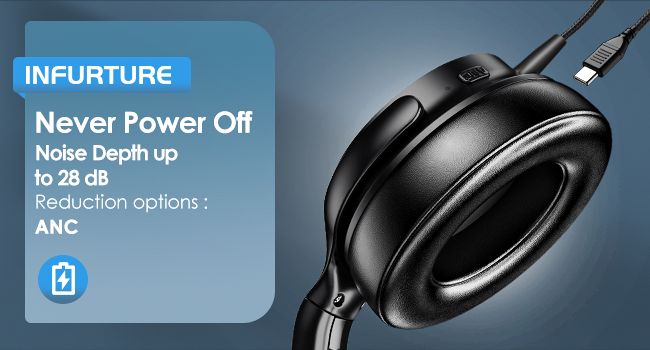 Black wireless headphones with ANC feature and noise depth reduction up to 28 dB, showing 'Never Power Off' functionality from Infurture brand.
