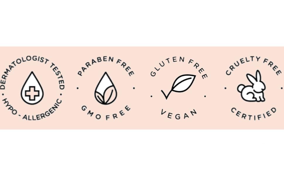 Dermatologist Tested, GMO free, Vega, Gluten Free, Cruelty Free