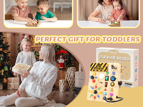 Text reads: 'PERFECT GIFT FOR TODDLERS'. Collection of lifestyle photos showing children playing with educational toys and blocks.