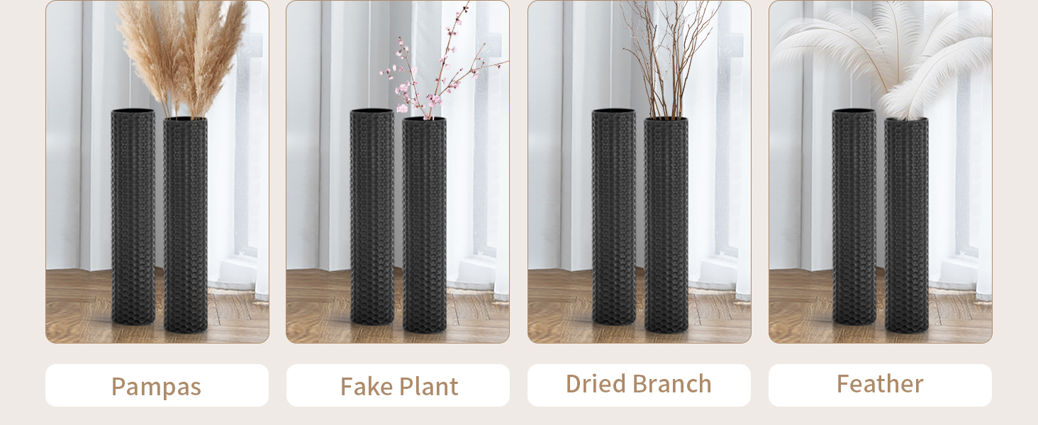 Set of tall, cylindrical black vases with textured surface. Four images show vases filled with different decorative elements: pampas grass, artificial plant, dried branch, and feather.