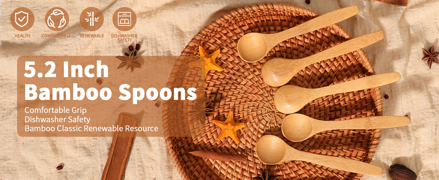 5.2 Inch Bamboo Spoons, Small Wooden Spoons for Condiments, Spices, Sugar, Salt, Jam