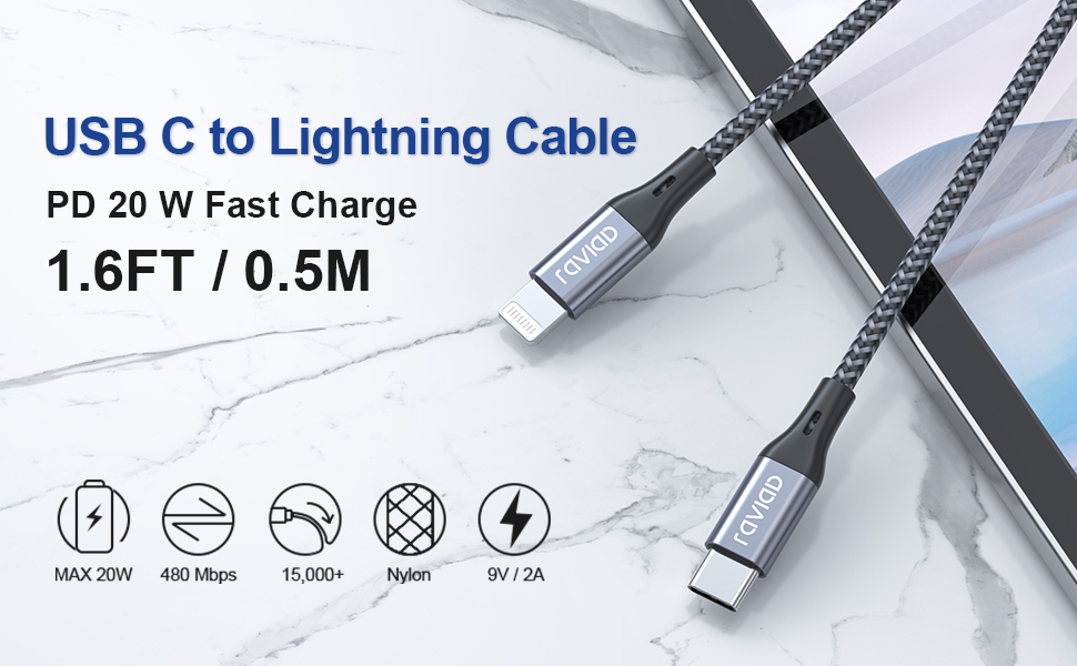 RAVIAD Câble USB C vers Lightning 0.5M [MFi Certifié] Câble USB C