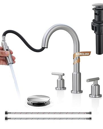 Brushed Nickel Two Handles Lavatory Sink Faucet,8 Inch Bathroom Faucet with Pull Out Sprayer