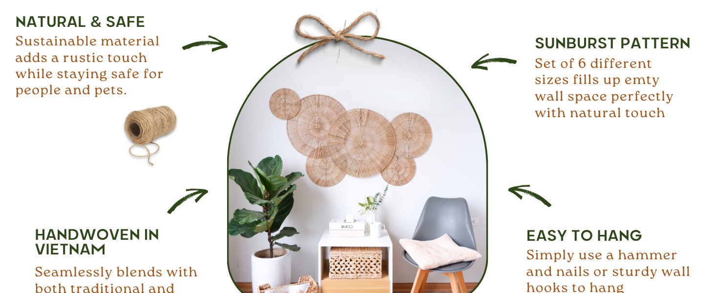 Handwoven natural jute sunburst wall art set (6). Rustic, sustainable decor for living room