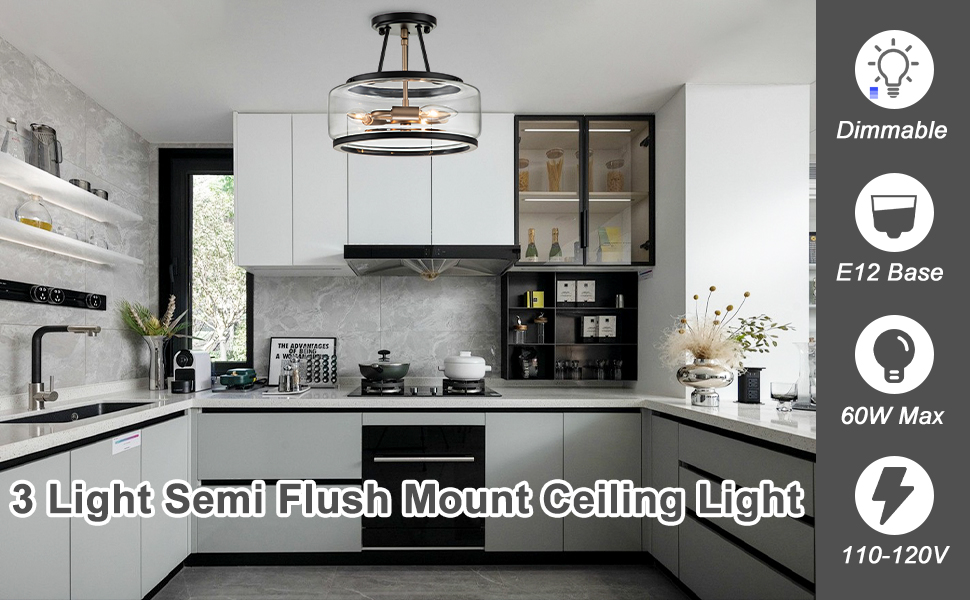 Kunlinzhu 11.8 Inch Small Black and Gold Semi Flush Mount