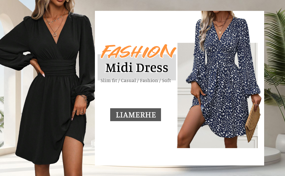 Dos vestidos midi: estilo cruzado negro y estampado floral azul. Ambos tienen mangas largas y escotes en V. La superposición de texto menciona «Fashion Midi Dress» y «LIAMERIE»