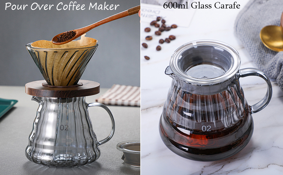 Qiccijoo Pour Over Coffee Maker Set,Drip Coffee Maker with 100 pcs V01 Paper Filter,20 oz Borosilicate Glass Carafe,Portable Coffee Dripper Brewer for Home Cafe Restaurant Camping, 600ml 21 Pour Over Coffee Maker Set C4
