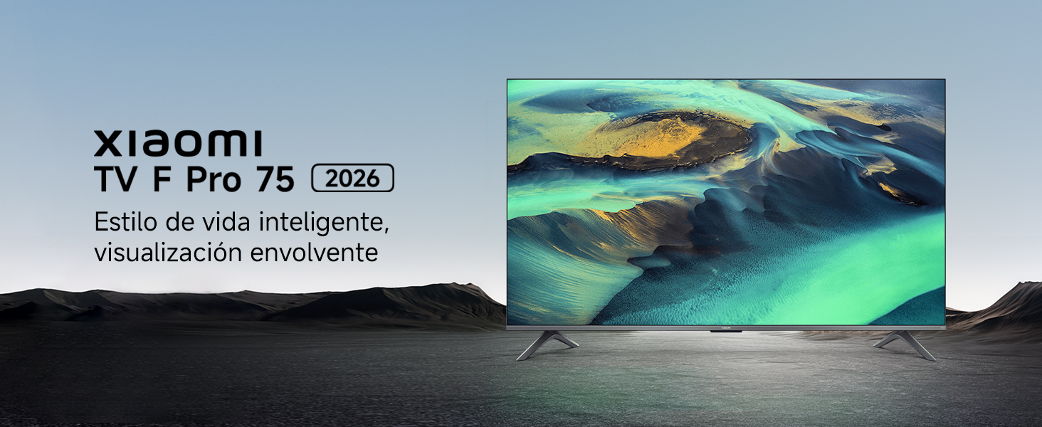 El texto dice «XIAOMI TV F2 43/50/55». La pantalla del producto muestra la pantalla del televisor con paisajes naturales con montañas y auroras boreales.