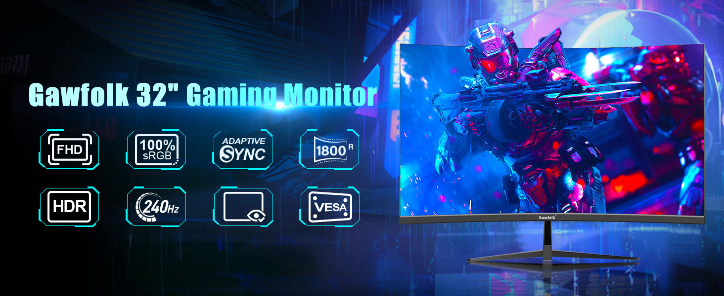 Gawfolk Gaming Monitor 32 Zoll Curved, 240Hz PC Bildschirm Full HD 1080P
