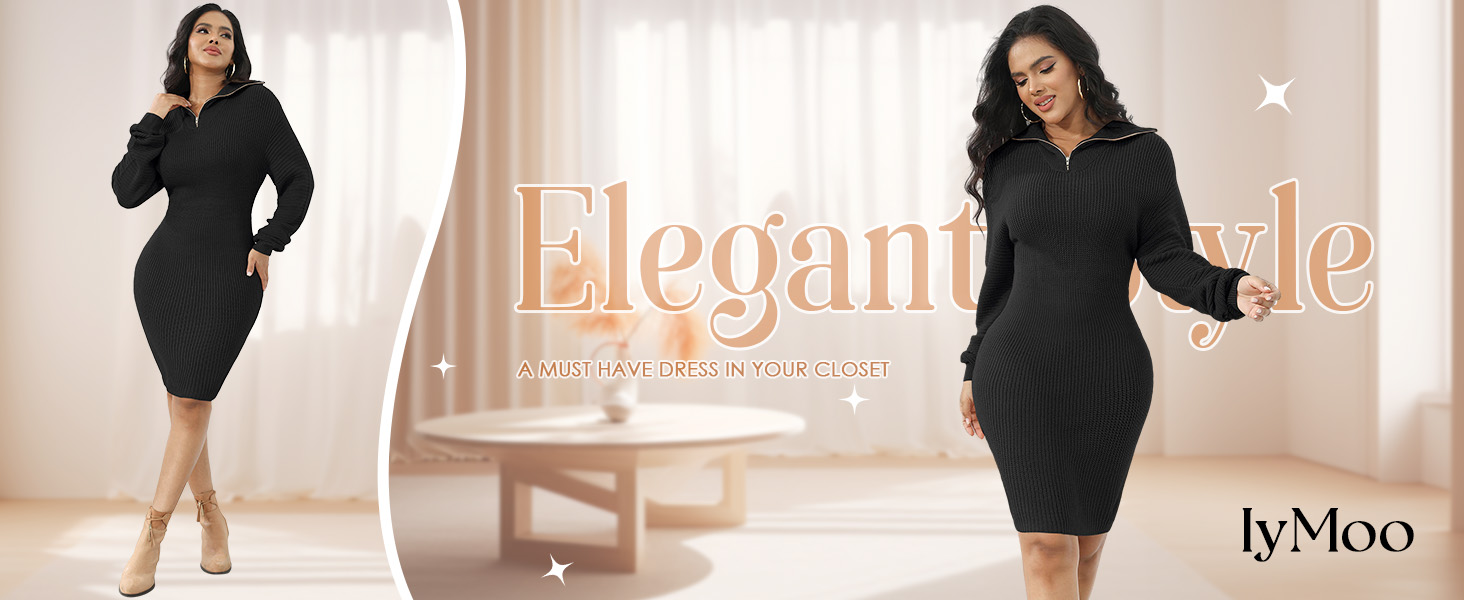 Women Zip V Neck Long Sleeve Knit Stretchable Elasticity Slim Sweater Bodycon Mini Sweater Dress