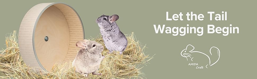 Laufrad aus Holz für kleine Haustiere, daneben zwei Chinchillas auf Strohbett. Der Text lautet „Let the Tail Wagging Begin“ mit einer einfachen Hundeillustration.