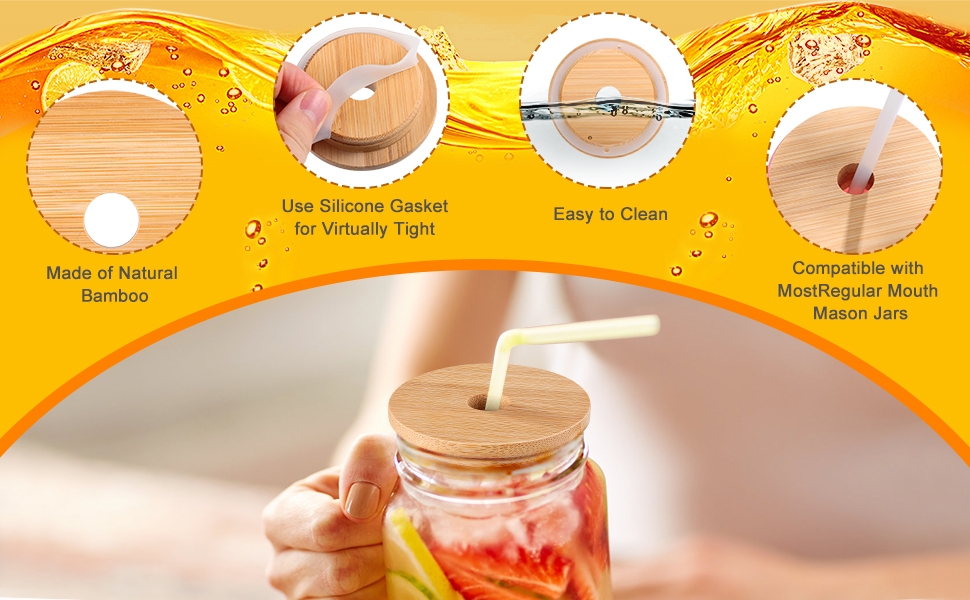 DOITOOL 8Pcs Bamboo Jar Lids with Straw Hole, Reusable