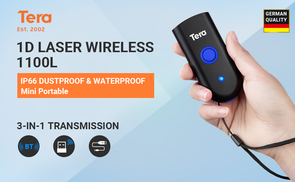 Tera Wireless Barcode Scanner 1D Laser Mini Pocket Waterproof Scanner