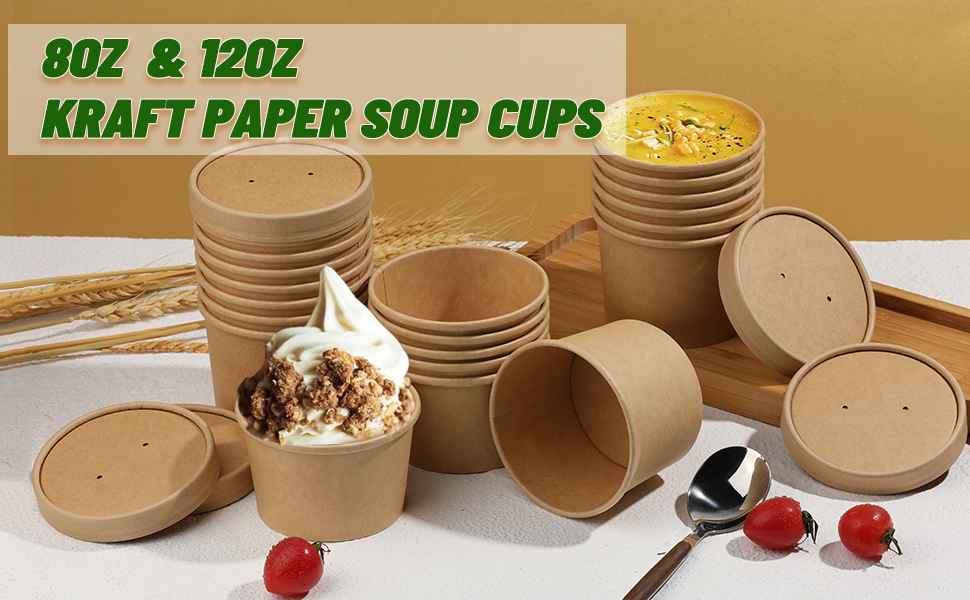 [50 Pack] 12 oz Paper Soup Cups with Lids, Disposable Kraft