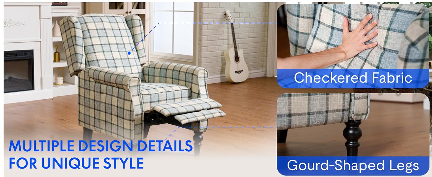 Text reads 'Checkered Fabric', 'MULTIPLE DESIGN DETAILS', 'FOR UNIQUE STYLE', 'Gourd-Shaped Legs'. Promotional banner showing furniture details with descriptive callouts.