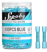 Sopoby 600PCS Heat Shrink Butt Connectors Blue 16-14 AWG-Tinned Red Copper Marine Grade Butt Conn...
