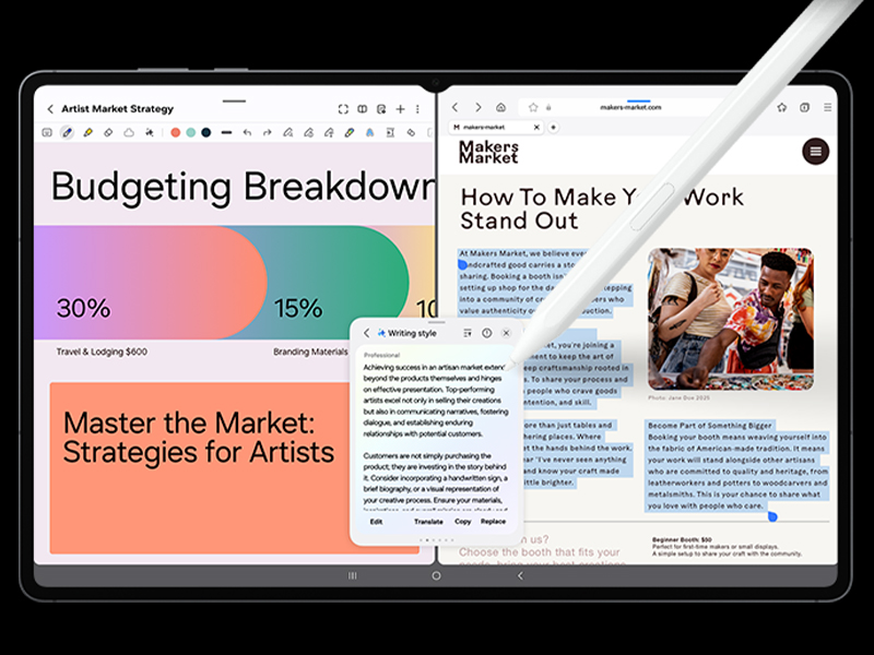 Text reads 'Budgeting Breakdown' and 'Master the Market Strategies for Artists'. Collection of business presentation slides showing charts, graphs and financial planning information.