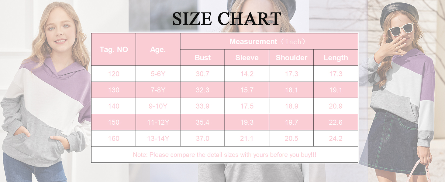 Size Chart Of Girls Colorblock Sweatshirt