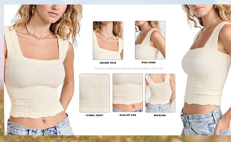 MISSACTIVER Women Square Neck Wide Straps Crop Tank Tops Casual Floral Sleeveless Lettuce Trim