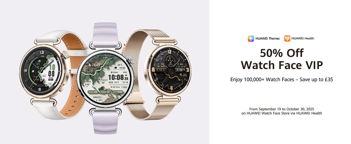 Text reads '50% Off Watch Face VIP'. Display of three smart watches with different watch faces and bands in metallic and lavender colors.