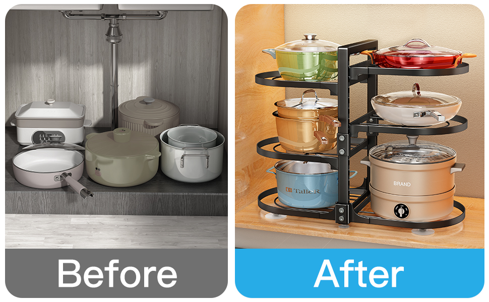 SAYZH Pots and Pans Organiser, 6 Tier Snapon and Adjustable Saucepan