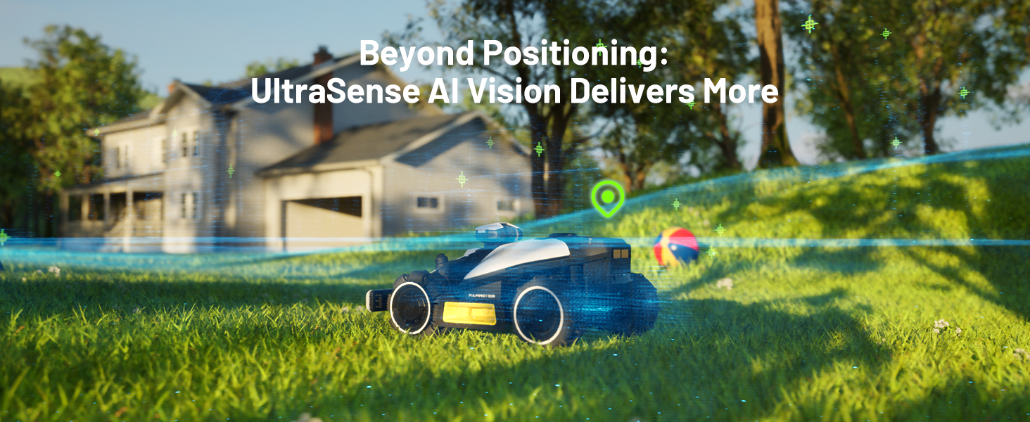 Blue robotic lawn mower on grass with graphical overlay showing UltraSense AI positioning technology, house visible in background.