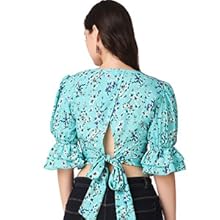 Crop Top with Back Tying Closure and Puff Sleeves
