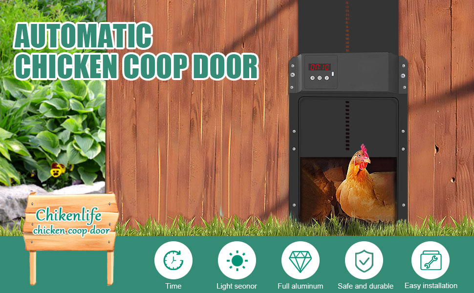 Automatic Chicken Coop Door Open/Close Light Sensor and Timer Battery Power (Black