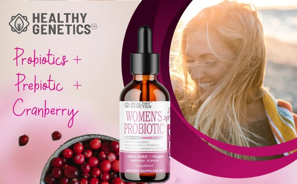womam smiling bowl of cranberries and a bottle of women's probiotic from healthy genetics