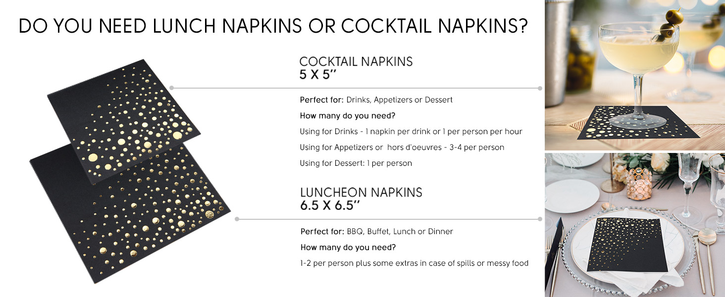 Stylish 5x5 Inch Black and Gold Napkins for Party 100 Pack Cocktail