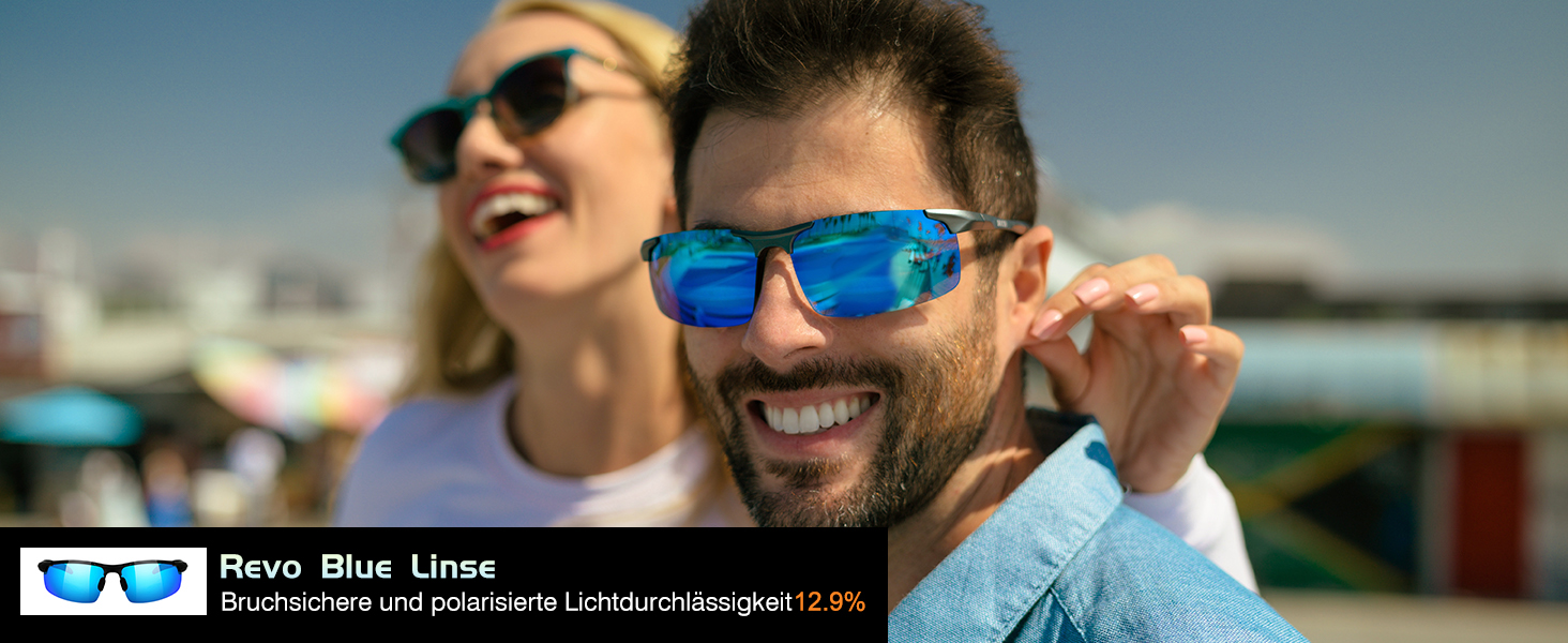Sonnenbrille mit blauen Gläsern und schwarzem Rahmen. In der Texteinblendung werden „Revo Blue Lens“ und technische Spezifikationen erwähnt
