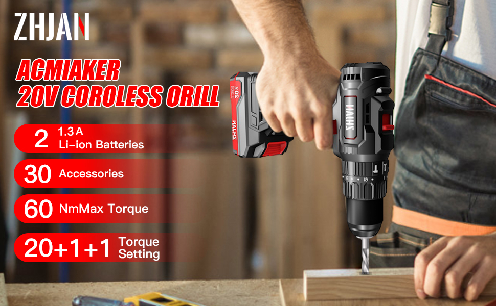ZHJAN Cordless Hammer Drill Set 20 V, Battery Drill (2 Batteries 1.3 Ah