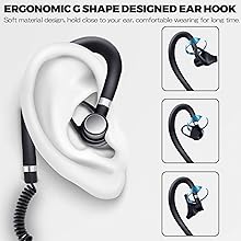 Text reads 'ERGONOMIC C SHAPE DESIGNED EAR HOOK' with technical diagrams showing ear hook design and fitting instructions in black and white.
