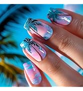 Medium Press on Nails Square Fake Nails with Design Palm Tree Glue on Nails Blue Pink Gradient Ac...