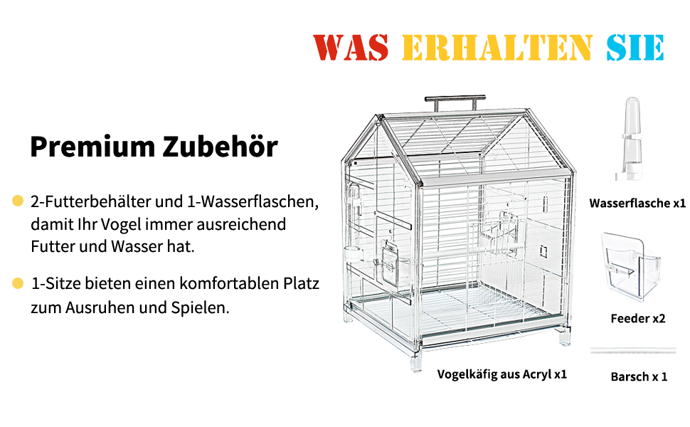 Diagramm des Vogelkäfigzubehörs wie Wasserflasche, Futterhäuschen, Barsch und Vogelkäfig aus Acryl. Im Text sind hochwertige Funktionen wie Futterbehälter, bequeme Sitzgelegenheiten und Wasserversorgung für Vögel aufgeführt