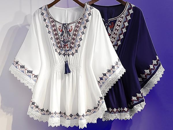 Amazon.com: Womens Cotton Linen Embroidered Blouse 3/4