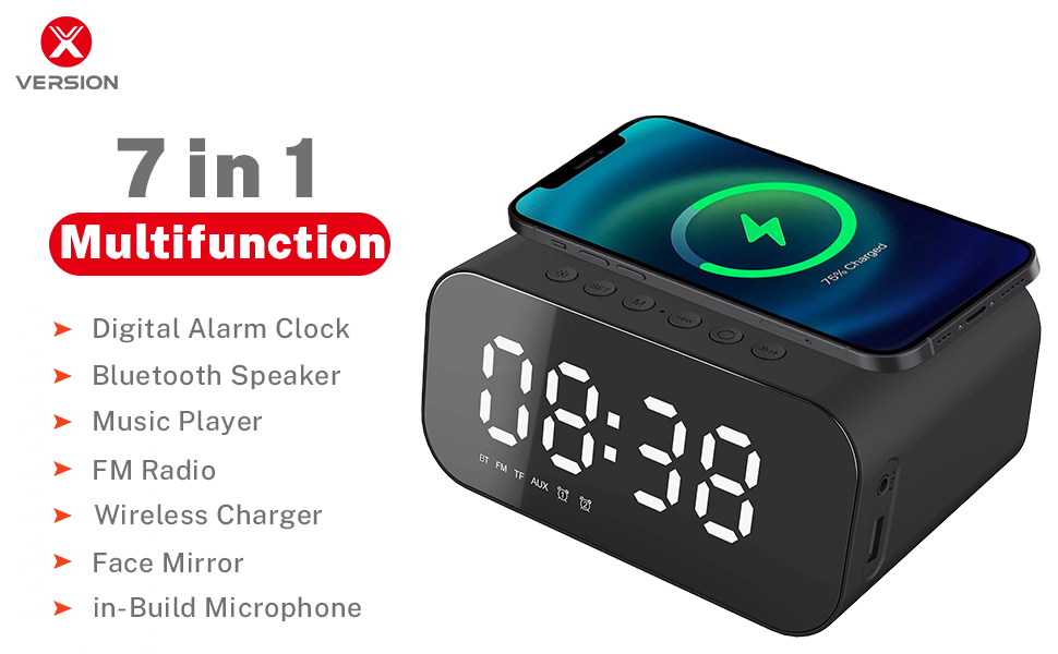 7 in 1 Bedside Wireless Charger Alarm Clock XVersion LED Display Clock