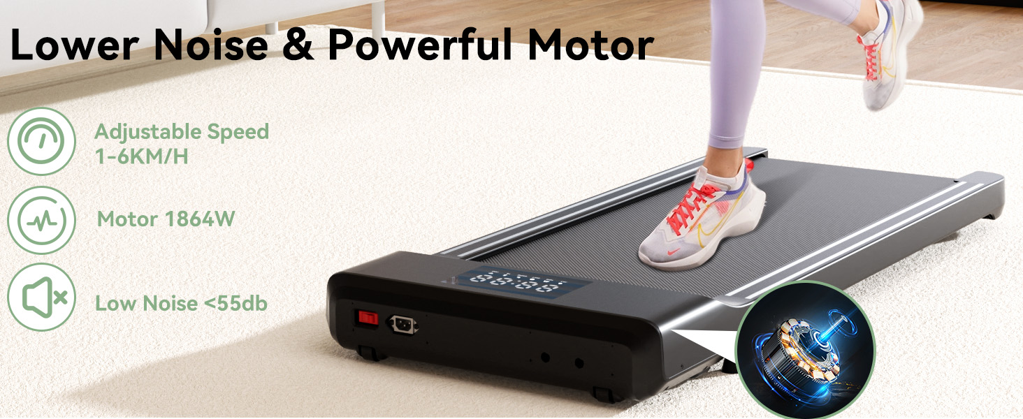 Slim profile walking treadmill with LED display, featuring 1-6KM/H adjustable speed, 184W motor, and low noise operation at 45dB.