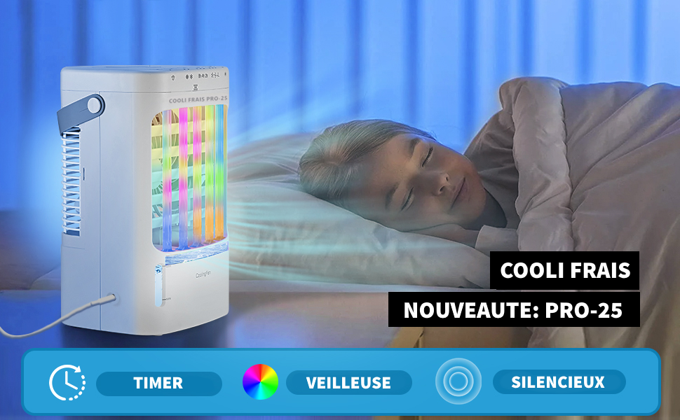 There are personal cooling units with colored light panels next to the sleepers. Features timer, night light and quiet operation. The product name reads 