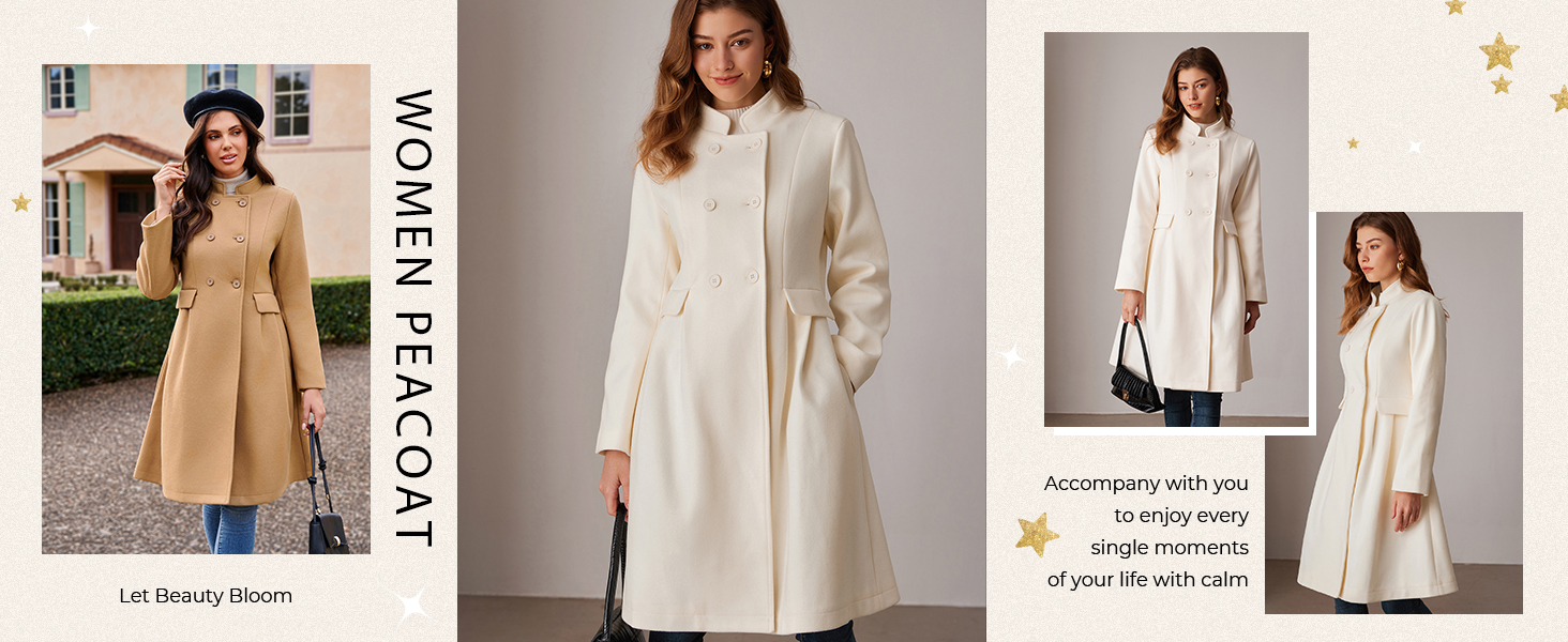 Women's Pea Coat Lapel Double Breasted Thick Wool Trench Coats Peacoat Jacket with Pockets