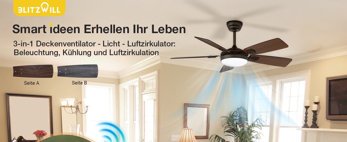 BLITZWILL Ceiling Fan with Lighting, Diameter 132 cm App Control
