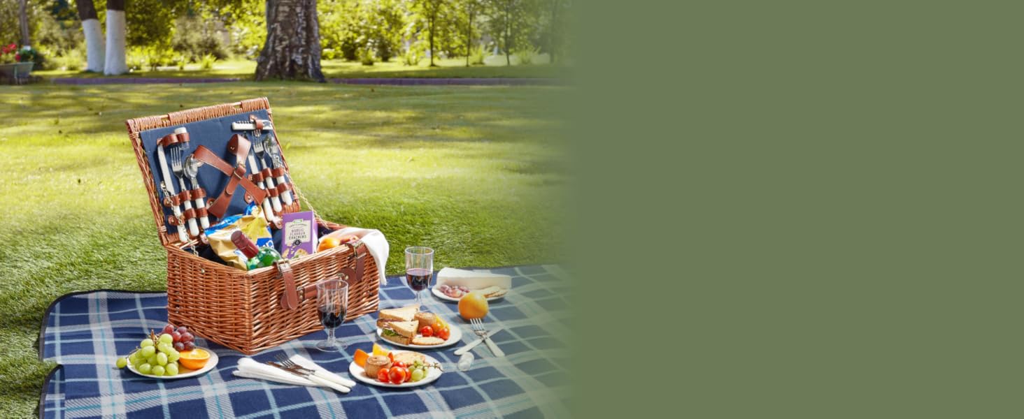 VonShef Picnic Basket, 4 Person Luxury Wicker Picnic Hamper, Includes