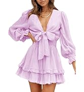 Dokotoo Womens Casual Spring Summer 2025 Deep V Neck Knotted Tiered Chiffon Elegant Mini Short Sw...