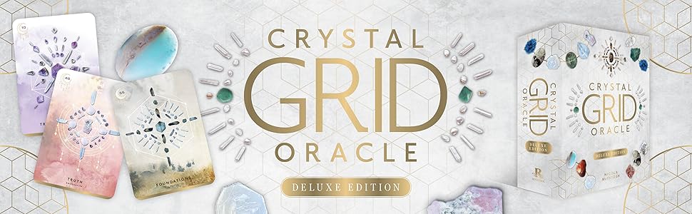 Crystal grid oracle banner with cards on left and 3d box on right