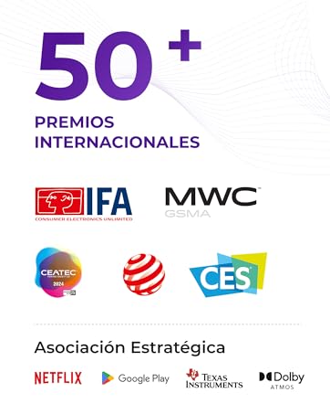 que destaca más de 50 premios internacionales con logotipos de eventos tecnológicos IFA, MWC, CEATEC, CES y asociaciones estratégicas con Netflix, Google Play, Texas