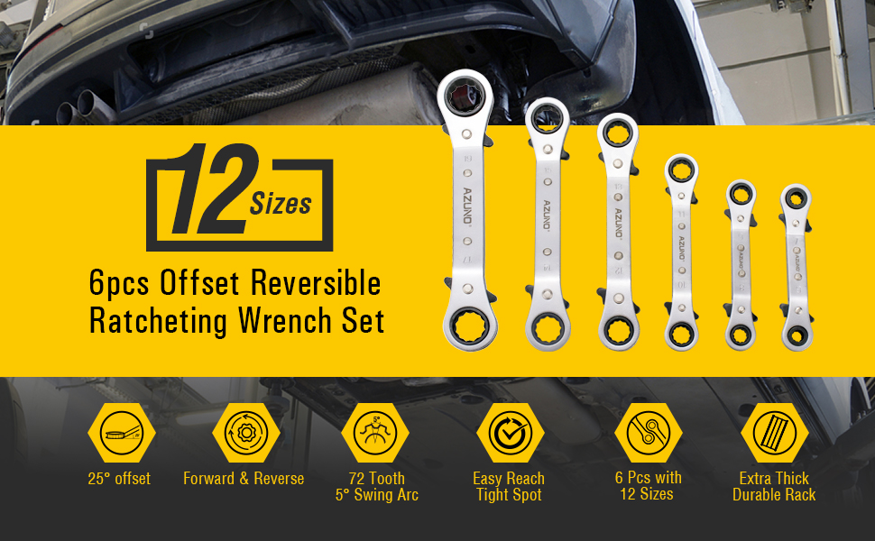 AZUNO 6 pcs Double Offset Box End Reversible Ratcheting Wrench Set